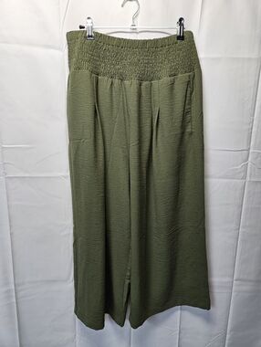 Tasamo Olive Green Wide Leg Smocked-Waist Ankle Pants NWT
